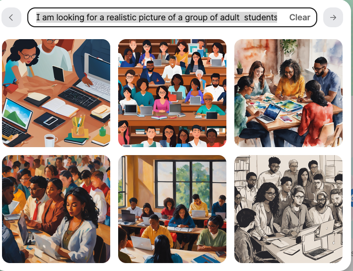 Six photos created by the Padlet, I can't draw feature. A collage of images of people in a classroom